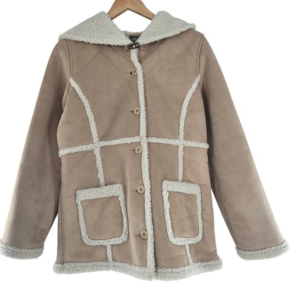 L.L.Bean Girls Vintage Tan Faux Suede Sherpa Lined Hooded Winter Coat XL - Picture 2 of 11
